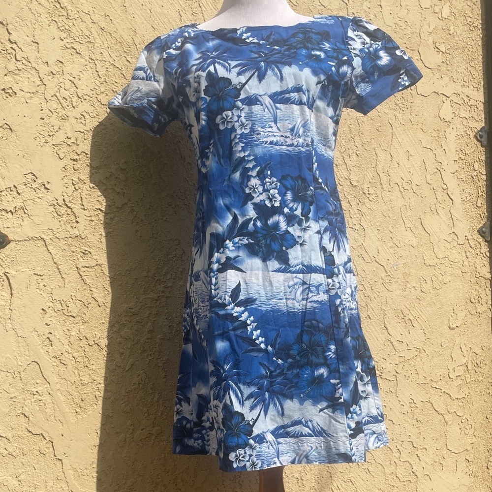 Hawaiian Tropical‎ Beach Dolphin Hibiscus Floral Print Mini Dress Short Sleeve